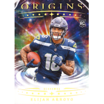 elijah arroyo 2025 panini origins rc Football player in Seahawks uniform holding a ball, Origins card design. Vibrant, swirling background with Elijah Arroyo.