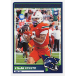 elijah arroyo 2025 score rc Football player in red uniform, holding a football during a game, 2023 Rookie card with team logo.