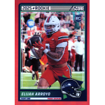 elijah arroyo 2025 score red zone rc Football player card featuring a 2025 rookie tight end in orange uniform, catching a ball during a game.