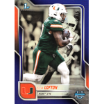 elijah lofton 2025 bowman chrome university purple refractor Football player in green Miami uniform running with the ball during a game.