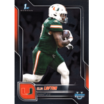 elijah lofton 2025 bowman chrome university Football player in green uniform runs with the ball on a trading card, featuring Miami team logo and colors.