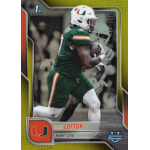 elijah lofton 2025 bowman chrome university yellow refractor Football player running with the ball on a trading card, featuring Miami team colors and logo.