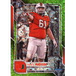 francis mauigoa 2025 bowman chrome university lime green mini diamond refractor Football player in red Miami Hurricanes uniform pointing, set against a green graphic background.
