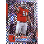 francis mauigoa 2025 bowman chrome university xfractor Football player in red jersey #61 poses on a checkered trading card background, sporting a helmet and white pants.