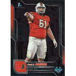 francis mauigoa 2025 bowman chrome university Football player in red uniform, number 61, University of Miami card, standing with hand pointing, black background.