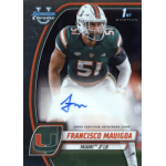 francisco mauigoa 2024 bowman chrome univeristy autograph Sports trading card of a Miami linebacker in uniform, featuring a certified autograph and team logo.