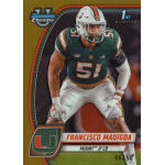 francisco mauigoa 2024 bowman chrome university gold refractor Football player in green uniform on a trading card, marked 1st Bowman, featuring Miami team colors and logo.