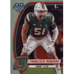 francisco mauigoa 2024 bowman chrome university refractor Miami Hurricanes football player in action pose on a trading card.