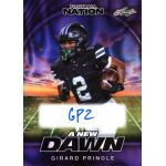 girard pringle 2025 leaf football nation lava purple autograph Football player in black uniform on trading card labeled A New Dawn, set against a vibrant sky backdrop.