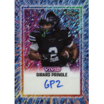 girard pringle 2025 leaf vivid shimmer blue autograph Football trading card of player in black jersey with number 2, holding a ball. Girard Pringle and autographed GP2.