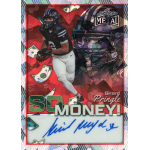 girard pringle jr 2025 leaf metal so money crystals red autograph Football player in action with money graphics, text SO MONEY!, and player autograph on sports trading card design.