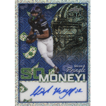 girard pringle jr 2025 leaf metal so money mojo blue autograph Football trading card featuring a player in action, metallic design, with signature at the bottom.