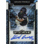 girard pringle jr 2025 leaf optichrome shimmer blue autograph Football trading card featuring player in action pose, signed, with Optichrome branding and dynamic design.