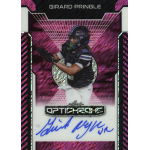 girard pringle jr 2025 leaf optichrome shimmer pink autograph Football trading card displaying a player in action with an autograph and Optichrome design.