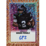 girard pringle jr 2025 leaf vivid shimmer orange autograph Football player card with vibrant background displaying player in black uniform holding a football, labeled Girard Pringle.