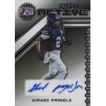 girard pringle jr 2025 pro set metal prismatic silver aurograph Football player trading card, Pro Set, featuring a player with signature and jersey number 2, black and white design.