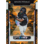 girard pringle jr 2025 leaf optichrome crystal gold Football player in action on a colorful sports trading card design, labeled Optichrome with dynamic background.