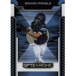 girard pringle jr 2025 leaf optichrome prismatic platinum blue American football player in a black uniform running on a trading card with Optichrome label.