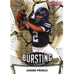 girard pringle jr 2025 leaf vivid bursting with talent super prismatic gold Football player in action on a trading card, showcasing athletic skills with Bursting with Talent text.