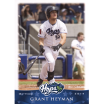 grant heyman 2014 hilllsboro hops Baseball player in white uniform batting during a game, 2014 Hillsboro Hops card, outdoors with spectators in background.