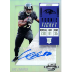 gus edwards 2018 panini contenders optic rookie ticket autograph Football player trading card featuring Baltimore Ravens player with Rookie Ticket details and signature.