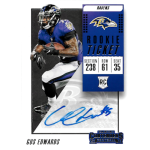 gus edwards 2018 panini contenders variation sp autograph Baltimore Ravens Rookie Ticket card for Gus Edwards, featuring player image and signature.