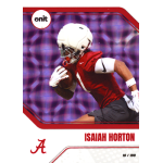 isaiah horton 2025 onit alabama purple Football player in Alabama uniform running with the ball, featured on a sports trading card with a dynamic background.
