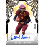 israel abrams 2025 leaf trinity bronze autograph Football player in maroon uniform holding a ball, with Leaf Trinity 2023 design and signature card.