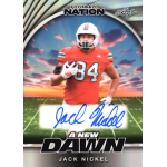 jack nickel 2025 leaf football nation a new dawn prismatic silver autograph Football player card titled A New Dawn, featuring player in orange jersey with 84 and a scenic sunset background.