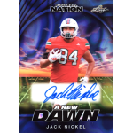 jack nickel 2025 leaf nation lava blue autograph Football player in red jersey, holding a ball on a dynamic background, part of 'A New Dawn' sports card collection.