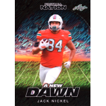 jack nickel 2025 leaf football nation a new dawn shimmer black Football player in orange jersey running on field, with A New Dawn text overlay.