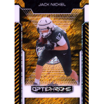jack nickel 2025 leaf optichrome shimmer gold American football player in action pose on an Optichrome sports trading card with a dynamic background.