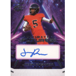 jaden rashada 2022 leaf ultimate draft ultimate futures autograph Football trading card featuring player in red uniform and helmet, holding a ball, with Ultimate Futures text.