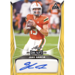 jake garcia 2023 leaf draft gold autograph Football trading card featuring player in orange uniform, holding a football, with 2023 draft details and autograph.