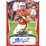 jake garcia 2023 leaf draft red autograph Football trading card showing a quarterback with a football, labeled 2023 Draft Jake Garcia with a signature.
