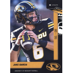 jake garcia 2023 onit missouri tigers Football player in black and gold uniform holding a football, University of Missouri logo visible.
