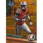 james williams 2023 bowman chrome university gold shimmer refractor Miami football player in action, wearing red uniform, sporty design with Bowman Chrome branding.