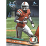 james williams 2023 bowman chrome university Football player in University of Miami uniform on a trading card, preparing for a play on the field.