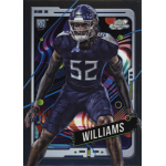 james williams 2024 topps chrome cosmic rc Football player in a blue jersey with number 52 on a colorful sports trading card featuring the name Williams.