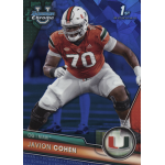 javion cohen 2023 bowman chrome university sapphire Football player in orange jersey number 70 poised for action on a trading card with a Miami team logo.