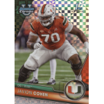 javion cohen 2023 bowman chrome university xfractor Football player in action during a game, wearing an orange University of Miami jersey with number 70.