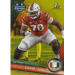 javion cohen 2023 bowman chrome university yellow refractor Football player in Miami uniform on a trading card. Text: 1st Bowman Chrome, Javion Cohen, OG Miami.
