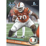 javion cohen 2023 bowman chrome university Football player in orange Miami Hurricanes uniform in action pose on a sports card.