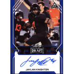 jaylan knighton 2022 leaf draft blue autograph Football player running with ball on a 2022 draft card, wearing black uniform. Autographed by Jaylan Knighton.