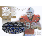 jeremy shockey 2002 sage gold autograph Autographed SAGE football trading card of Miami Hurricanes tight end in orange jersey, number 88, running with ball.