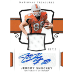 jeremy shockey 2018 national treasures collegiate silver jersey autograph University of Miami tight end #88 autographed patch card, National Treasures collectible, limited 07/10 edition