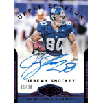 jeremy shockey 2018 panini plates and patches upper echelon purple Autographed New York Giants Upper Echelon NFL card, tight end #80 running with ball, blue ink signature.