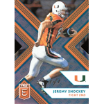 jeremy shockey 2018 elite draft picks teal status College football trading card of Miami Hurricanes tight end in orange uniform running with ball, Elite Status design.