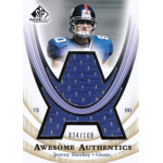 jeremy shockey 2004 sp game used edition awesome authentics SP Game Used Awesome Authentics NFL trading card, Giants TE #80 jersey patch, serial numbered 034/100.