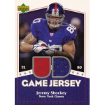 jeremy shockey 2007 upper deck game jersey Upper Deck UD Game Jersey football trading card with blue jersey relic, tight end in blue #80 uniform catching ball.